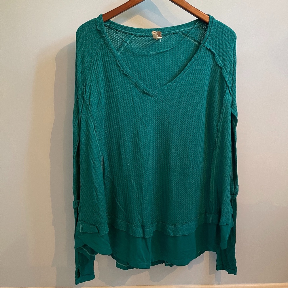 We the Free Teal Distressed V-Neck Cotton Sweater
